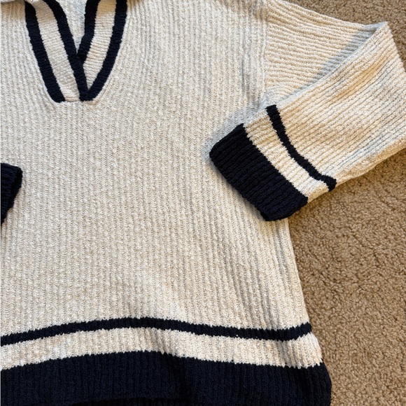 Z Supply Cream and Navy V-Neck Sweater - Picture 3 of 6
